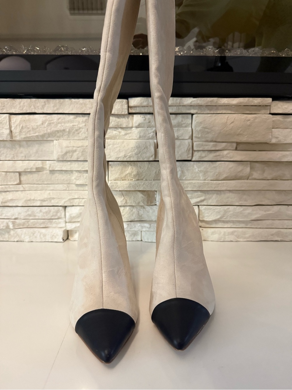 Express Two-Tone Over-the-Knee Pointed Toe Boots in Cream and Black